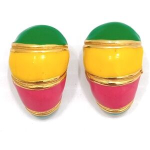 Gay Boyer Clip On Earrings Neon Pink Yellow Green Enamel Gold Tone easter
